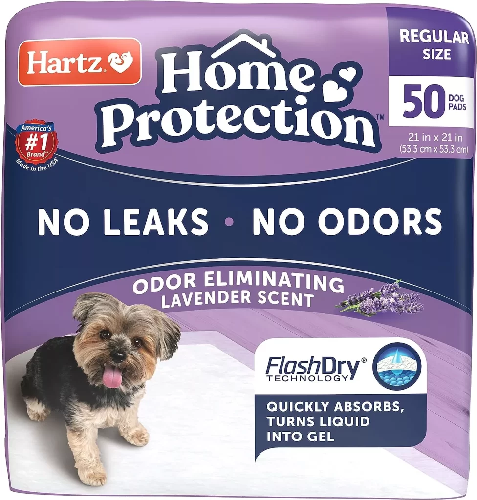 Hartz Home Protection Odor Eliminating Scented Dog Pads, Super Absorbent & Won’t Leak, Lavender Scent, Regular Size, 50 Count
