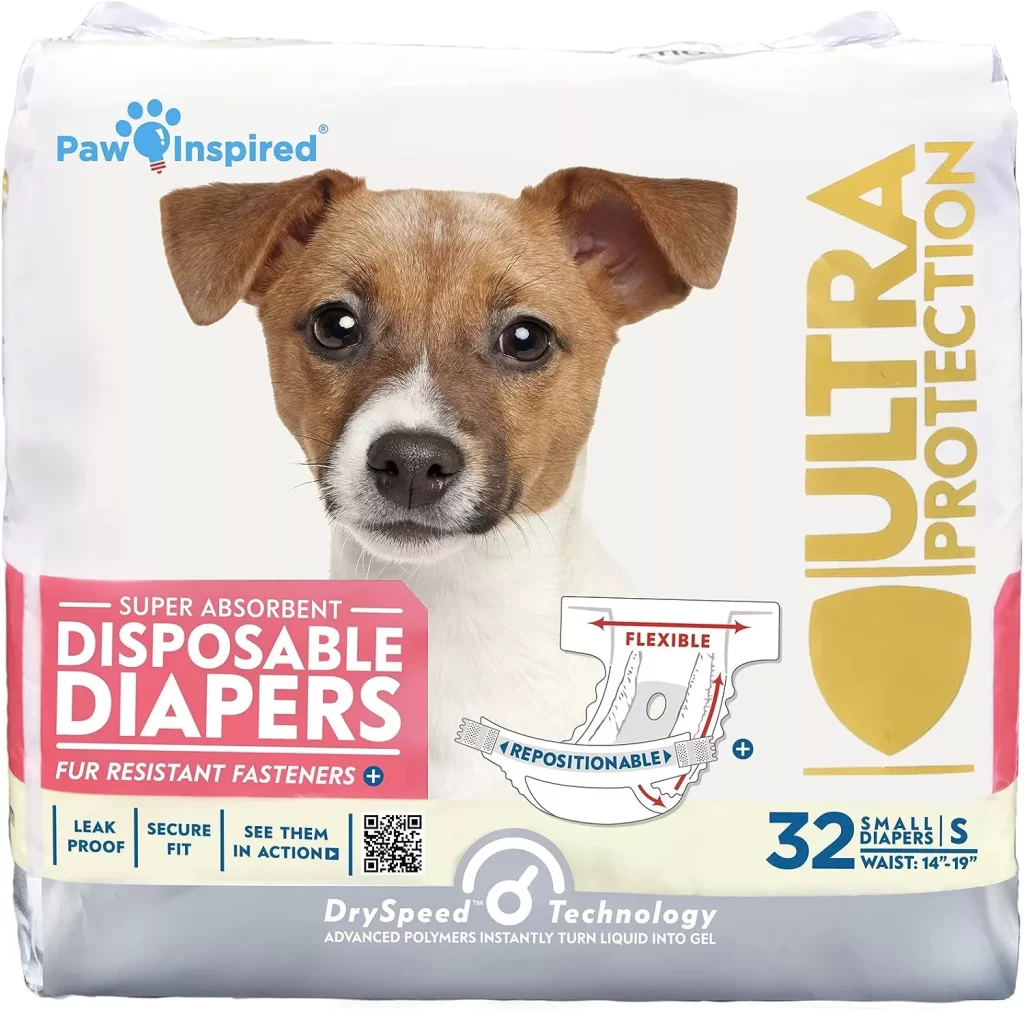 Paw Inspired 32ct Disposable Dog Diapers  Female Dog Diapers Ultra Protection  Diapers for Dogs in Heat, Excitable Urination, or Incontinence (Small)