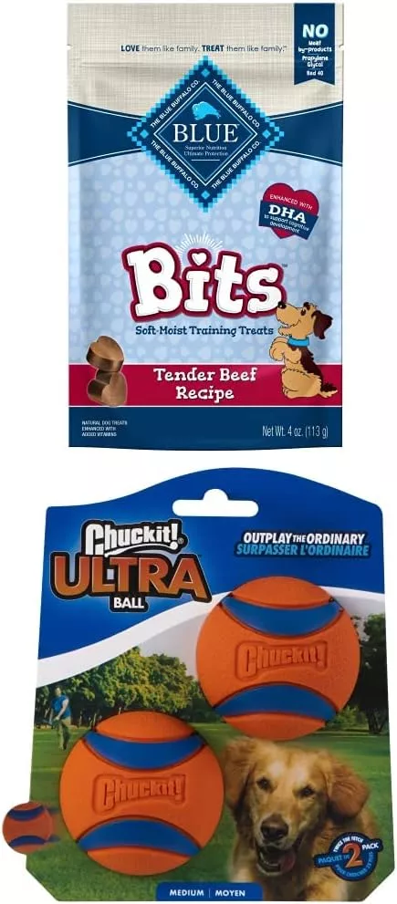  Blue Buffalo Valentines Day Dog Treats Gift Set Blue Bits Natural Soft-Moist Training Dog Treats, Beef Recipe with Chuckit! Ultra Balls 